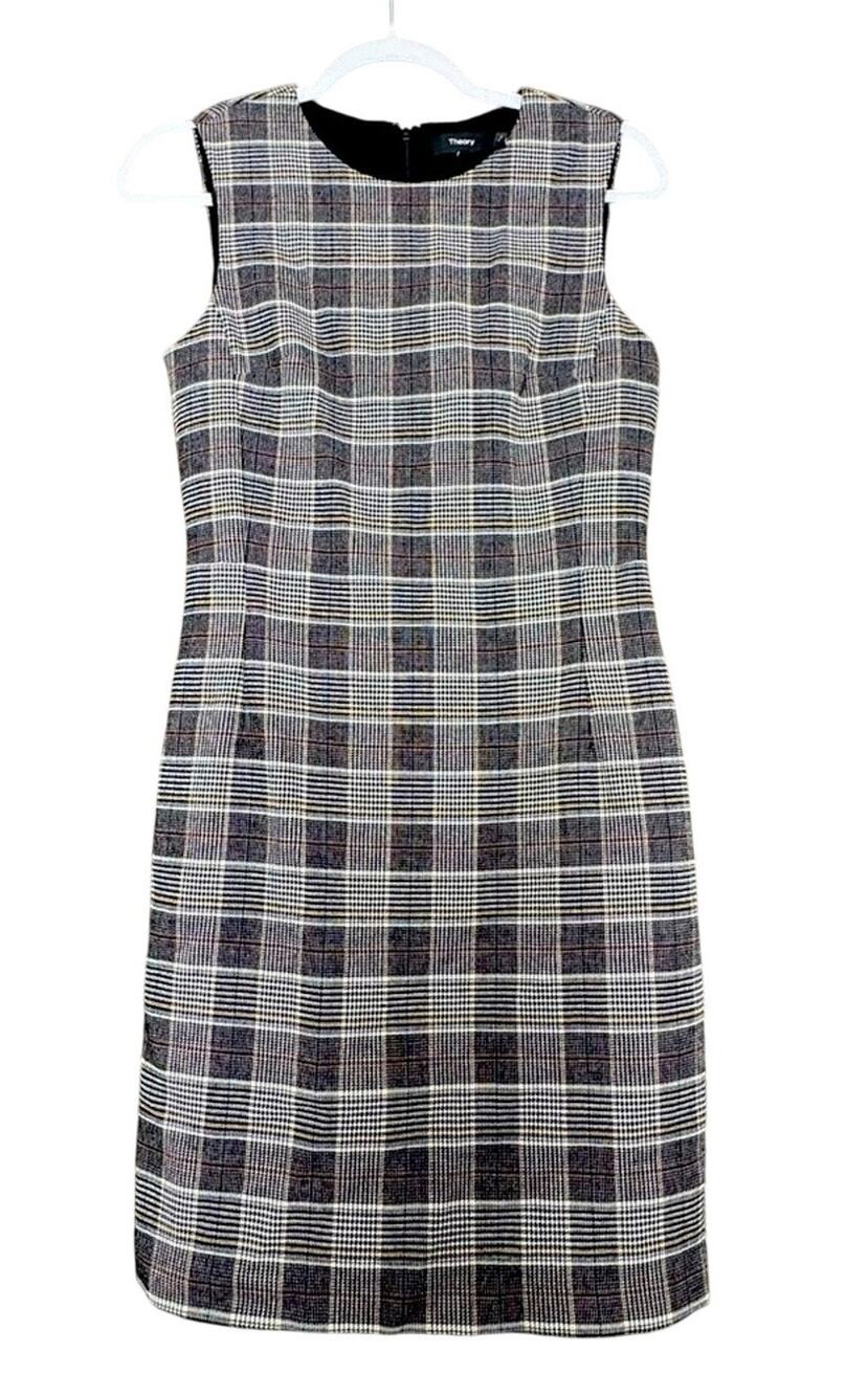 Theory Houndstooth Patchwork Plaid Womens Lined Sheath Dress 4 Preppy Capsule